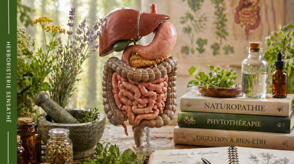 Système digestif humain illustré dans un univers d’herboristerie et de naturopathie pour comprendre la digestion naturellement - Herboristerie Sensathé Système digestif humain illustré dans un univers d’herboristerie et de naturopathie pour comprendre la digestion naturellement - Herboristerie Sensathé